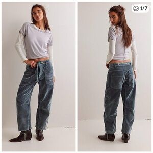 Free People Moxie Flocked Pull On Barrel Jeans size 27 Mountain Green